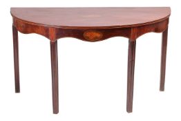 A large George III strung and inlaid mahogany demi-lune side table with coquillage decoration suppor
