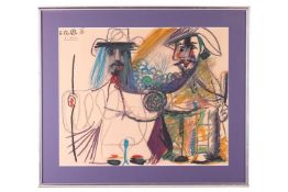 After Pablo Picasso (Spanish, 1881 - 1973), Two Musketeers, signed in the print, lithograph by Mourl