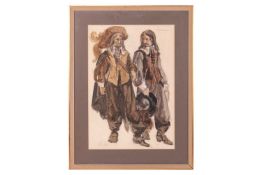 A 20th-century British school, Costume design for characters Carl Jon and Garcon, pencil, and waterc