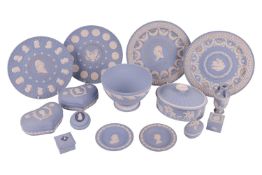 A large collection of Wedgwood pale blue jasperware, to include limited edition 'American Independen
