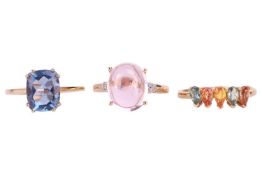 Three gem-set dress rings in 9ct; to include a kunzite cabochon claw-set between CZ shoulders, size 