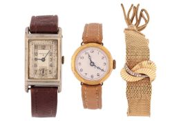 A collection of three watches comprising a gilt metal watch lady's cocktail watch by Royce set with 