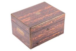 A Victorian brass bound and inlaid coromandel jewellery box with brass strung detail, in the manner 