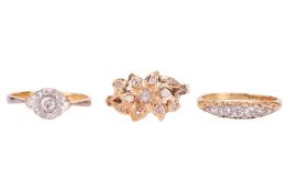 Three diamond-set rings, comprising an early 20th-century navette-style ring, set with old-cut diamo