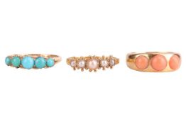 Three gem-set dress rings; to include a Victorian gypsy ring in 18ct gold, flush-set with three cora