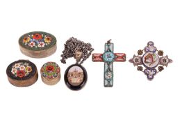 A group of Italian micromosaic jewellery items; to include a polychromatic mourning brooch cum penda