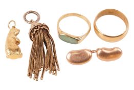 A collection of jewellery items; to include a 22ct yellow gold wedding band, a gem-set ring, a groun