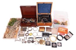 A collection of costume and other jewellery; including a silver cigarette case, various compacts, tw
