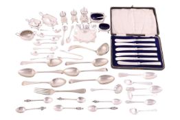 A collection of silver comprising a shaped rectangular pin tray, a five-piece cruet, with gadrooned 