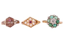 Three various gem-set rings; to include a split pearl and ruby cluster ring in 15ct gold, size J; a 