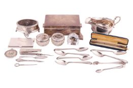A collection of silver comprising a silver Mappin and Webb trinket box, on four flared with velvet i