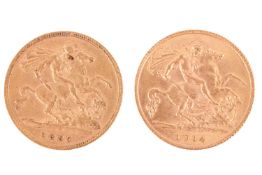 A Victorian half sovereign dated 1897; an Edwardian half sovereign dated 1914, both with St George a