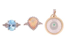 Two gem-set dress rings and a pendant; to include a fire opal dress ring in 9ct gold, of pear-cut fo