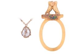 An opal locket frame and a pearl pendant on chain; the polished oval case with glazed compartment, s
