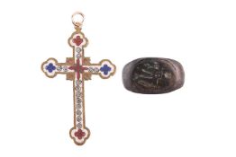 A Roman bronze signet ring with classical figure, together with a cloisonne enamel cross pendant in 