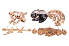 A collection of four brooches; to include an enamel figural skunk brooch set with rhinestones, not s