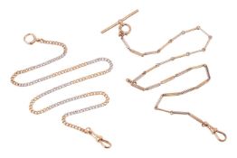 Two Albert chains; comprising a 9ct bi-coloured gold chain with Albert swivel clasp and T-bar, stamp