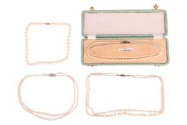 A collection of four cultured pearl necklace; comprising two double-strands of 3.7mm - 7.2mm graduat