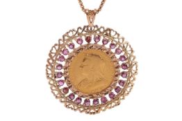 A Victorian sovereign pendant on chain, consists of an 1893 full sovereign within a surround of circ