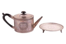 A matched George III silver oval teapot and stand, with bright cut decoration, the teapot with eboni