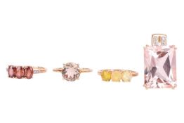 Three gem-set rings and a large gem pendant; to include a three-stone ring in 9ct gold, set with ova