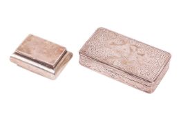 A Russian 84 Zolotnik (?) snuff box of rectangular pot-bellied form with a hinged cover, 5 cm long t
