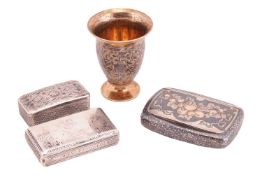 A Russian silver gilt and niello Kiddush cup (?) decorated with river landscapes, with 84 zolotnik m