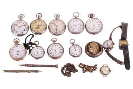 A collection of pocket watches comprising two silver cased pocket watches, each with enamel dials an