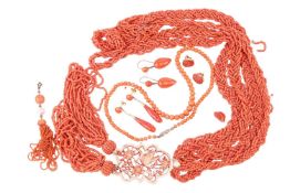 A quantity of mixed corallium rubrum jewellery; comprising a multi-strand (broken) necklace with car