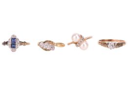 Four gem-set rings; to include a three-stone crossover ring in 18ct gold, flush-set with three diamo