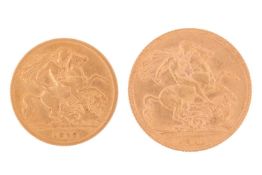 A 1911 George V full sovereign and a 1912 George V half sovereign; reverse with George V, the observ