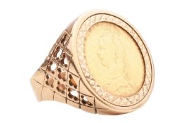 An 1888 Victorian sovereign mounted in a ring, the reverse with Queen Victoria, the observe with St 