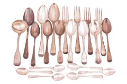 A mixed collection of silver flatware comprising a pair of serving spoons, another serving spoon, a 