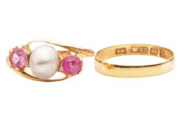 A cultured pearl and pink sapphire ring and a 22ct gold wedding band; the off-round 8.1mm white cult