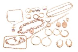 A large collection of gold jewellery and others; to include examples of a 9ct gold wedding band size