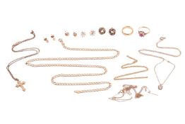 A collection of jewellery items including a 22ct gold wedding band in size I, a 9ct gold synthetic r