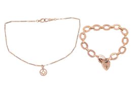 A 9ct gold bracelet and watch chain; the 9ct rose gold polished oval links with reeded connectors, s