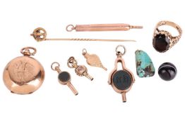 A small collection of jewellery items; to include a 9ct gold monogrammed sovereign case; a 'Lover's 