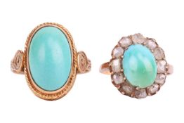 Two turquoise cabochon rings; the first consists of a turquoise of 11.2 x 8.3 x 6.3 mm, claw-set in 
