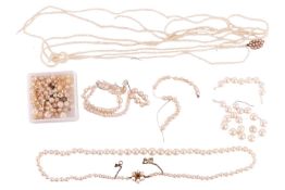 A small quantity of pearls unstrung, a three strand seed pearl necklace and a string of cultured pea