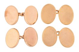 Two pairs of gold cufflinks; first pair of 9ct yellow gold, stamped with Birmingham assay mark for 1
