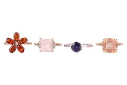 Four gem-set rings in 9ct gold; to include a step-cut sunstone with canted corners, size O; a square