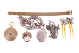 A collection of jewellery; comprising a pair of cut steel butterfly hair combs, a gilt locket with e