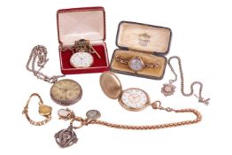 A collection of pocket watches including a Victorian silver pocket watch, with silver curb link doub