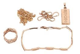 A collection of jewellery items comprising a diamond-set foliate ring in size L, a 9ct gold ingot, a