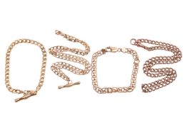 Four chains in 9ct gold; to include a flat curb link necklace with a T-bar pendant, 48.0 cm long; a 