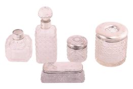Collection of dressing table cut glass jars and pots comprising a rectangular cut glass pin tray wit