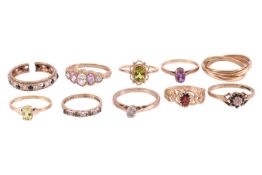 A collection of ten gem-set rings, all in 9ct gold or yellow metal marked '375', including a Russian