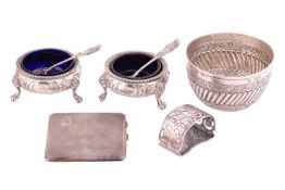 A group lot of silver, comprising of a Victorian sugar bowl declared with a reeded band flanked by b