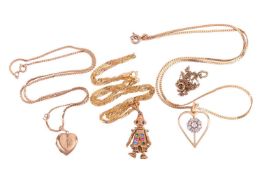 Several necklaces comprising a heart and flower pendant, set with old-cut diamonds, on a 9ct gold ch